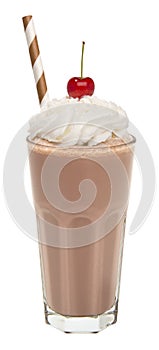 Vanilla chocolate milkshake with whipped cream and cherry isolated