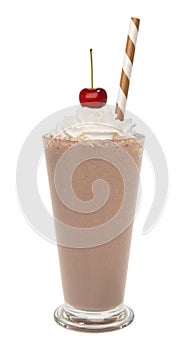 Vanilla chocolate milkshake with whipped cream and cherry isolated