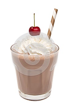 Vanilla chocolate milkshake with whipped cream and cherry isolated
