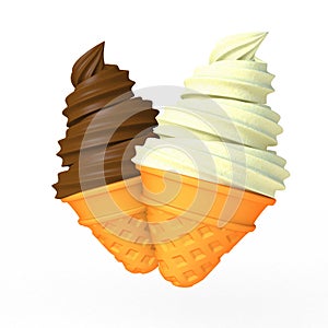 Vanilla and chocolate soft serve ice cream on a white background,