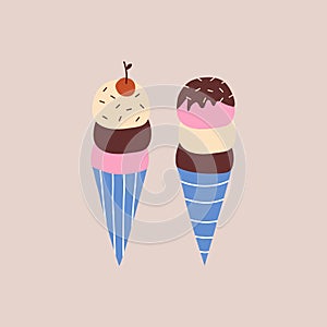 Vanilla chocolate and strawberry ice cream in a waffle cone with cherry vector illustration. Isolated sweets for kids.