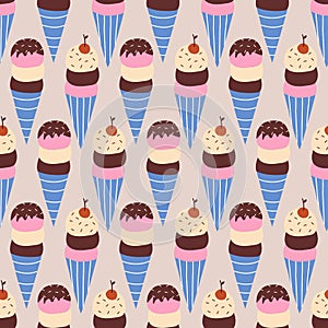 Vanilla chocolate and strawberry ice cream in a waffle cone with cherry vector illustration. Sweets seamless pattern for kids.