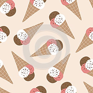 Vanilla chocolate and strawberry ice cream in a waffle cone hand drawn vector illustration. Seamless pattern