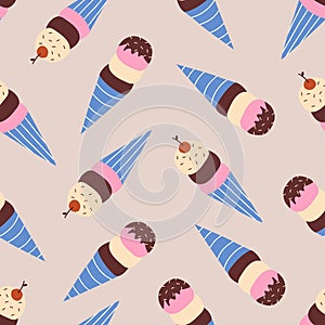 Vanilla chocolate and strawberry ice cream in a waffle cone vector illustration. Cute sweets seamless pattern for kids.