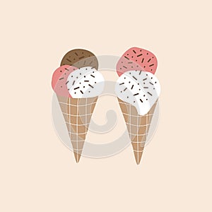 Vanilla chocolate and strawberry ice cream in a waffle cone vector illustration. Isolated sweets for kids in flat style