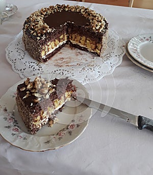 Inspirating chocolate walnut cake with vanilla and currant jam photo