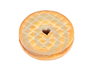 Vanilla creme sandwich cookie with jam, isolated on a white background. The sweet, homemade biscuit. Bakery products.