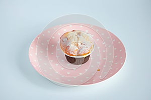 Vanilla cupcake in brown paper liners placed on a pink dish. View from above
