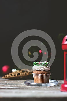 Vanilla cupcake with christmas decoration, on dark background; s