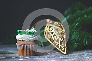 Vanilla cupcake with christmas decoration, on dark background; s