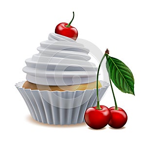 Vanilla cupcake, cute sweets food. Party homemade muffin with cherry on whipped white cream