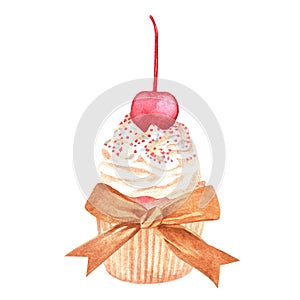 Vanilla cupcake with light cream and cherries. Watercolor vintage illustration on the theme of birthday. Isolated on a