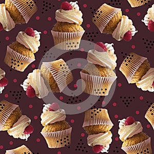 Vanilla Cupcake in paper cup with frosting and fresh raspberry pattern on dark chocolate background red and black dots