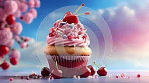Vanilla cupcake with raspberries still life