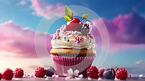 Vanilla cupcake with raspberries still life stock images Delicious creamy cupcake