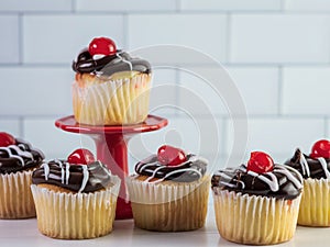 Vanilla cupcakes with chocolate frosting decorated with white drizzle and cherry on top sitting on a white background with a white