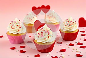 Vanilla cupcakes close up on with heart shape confectionery sprinkles on pink background