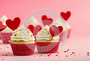Vanilla cupcakes close up on with heart shape confectionery sprinkles on pink background