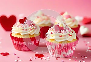 Vanilla cupcakes close up on with heart shape confectionery sprinkles on pink background