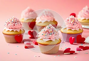 Vanilla cupcakes close up on with heart shape confectionery sprinkles on pink background