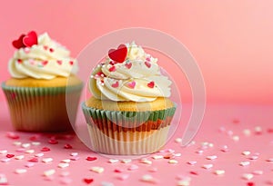 Vanilla cupcakes close up on with heart shape confectionery sprinkles on pink background