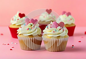 Vanilla cupcakes close up on with heart shape confectionery sprinkles on pink background