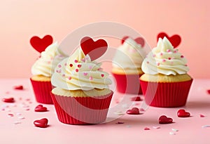 Vanilla cupcakes close up on with heart shape confectionery sprinkles on pink background