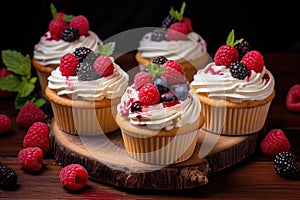 Vanilla cupcakes with cream and berries