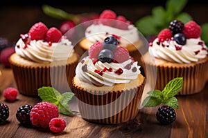 Vanilla cupcakes with cream and berries