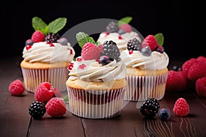 Vanilla cupcakes with cream and berries