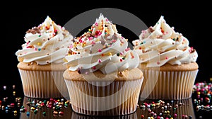 Vanilla cupcakes decorated with white frosting. National Vanilla Cupcake Day Concept