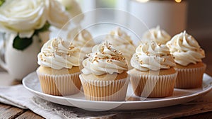 Vanilla cupcakes decorated with white frosting. National Vanilla Cupcake Day Concept