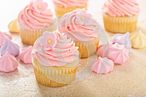 Vanilla cupcakes with pink raspberry frosting