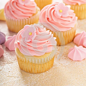 Vanilla cupcakes with pink raspberry frosting