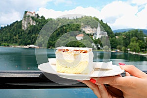 Vanilla and custard cream cake on Bled lake in SLovenia