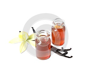 Vanilla extract, flower and dry pods isolated