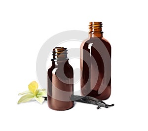 Vanilla extract, flower and dry pods isolated