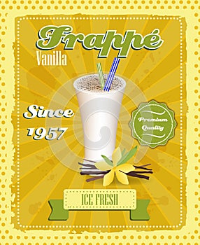 Vanilla frappe poster with drinking strew and glass in retro style