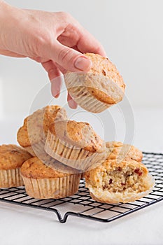 Vanilla fresh baked muffins on a white table