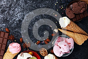 Vanilla frozen yogurt or soft ice cream in waffle cone in various flavour