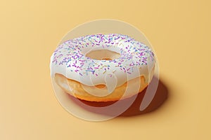 Vanilla glazed donut or doughnut with colorful sugar sprinkles on top 3d rendering on pastel yellow background. White sugar glazed