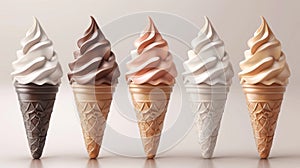 Vanilla, green tea, chocolate, and charcoal ice cream soft serve isolated on white background.