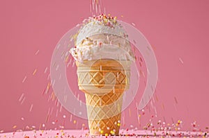 vanilla ice cream ball with falling sugar sprinkles