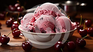 Vanilla ice cream ball with fresh cherries and cherry syrup. Horizontal format for advertising, poster, banners. Photo Ai