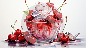 Vanilla ice cream ball with fresh cherries and cherry syrup illustration. Horizontal format for advertising, poster, banners. AI