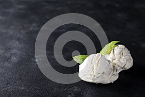 Vanilla ice cream ball with green leaves on dark