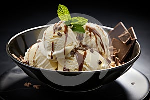 Vanilla ice cream balls with chocolate pieces in a plate