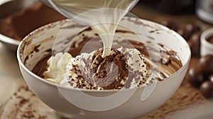 Vanilla ice cream being poured from a scoop into a white ceramic bowl, creating a creamy swirl