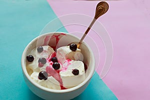 Vanilla ice cream with black berries in white bowl