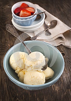 Vanilla ice cream in blue bowl